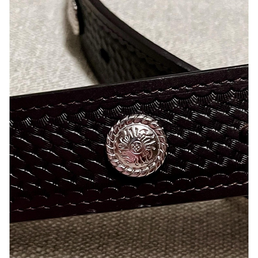 1982 Hesston Rodeo Buckle 36–38 Basketweave Blk Leather Floral Conchas Southwest - Picture 6 of 12